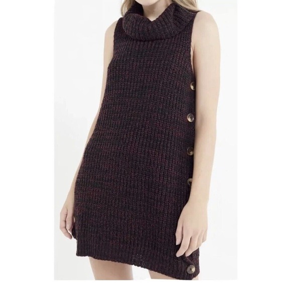 Urban Outfitters Sz M Sweater Dress Turtleneck Maroon Black Sleeveless Tunic C51 - Picture 2 of 6